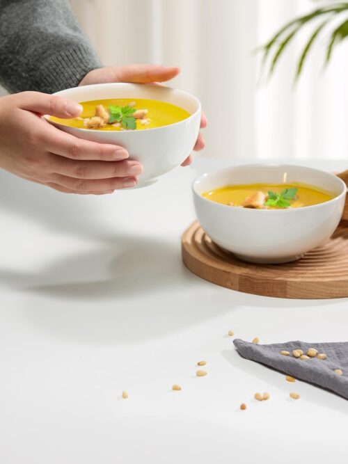 Ceramic Cereal Bowls, Microwave, Dishwasher and Freezer Safe,  Dishes for Soup, Pasta, Salad, Oatmeal, Deep Interior, 20 oz, Set of 6, (White)