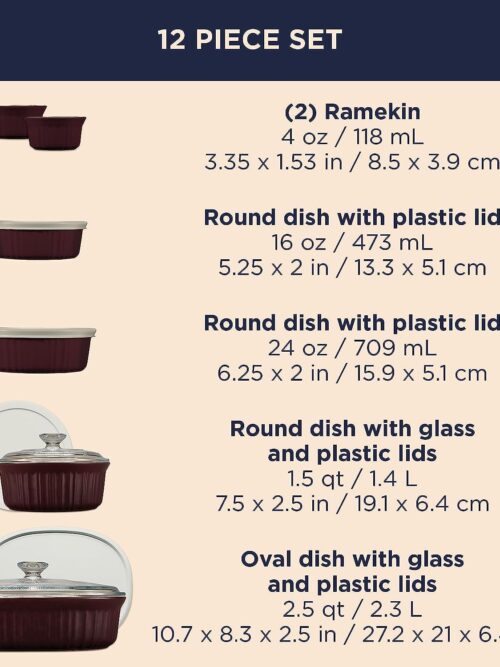 Ceramic Bakeware Set with Lids, Chip and Crack Resistant Stoneware Baking Dish, Microwave, Dishwasher, Oven, Freezer and Fridge Safe, 12-Piece French Cabernet