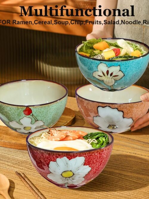 Ceramic Cereal Bowl Set of 4 for Kitchen - 28oz Ramen Bowls for Soup, Oatmeal, Salad, Pasta - Floral Patterns Retro Bowls for Breakfast, Dinner - Dishwasher, Oven and Microwave Safe