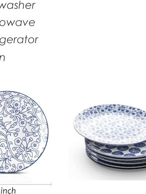 8 inch Porcelain Dinner Plates, Large Size Serving Plate for Salad, Pancakes, Steak, Set of 6, Vintage Blue