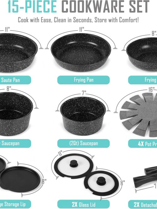 Marble 15 Pcs Nonstick Pots and Pan Set | Removable Handle Cookware for Easy Space Saving | Includes Frying Pans, Saucepans, Sauté Pan & More | Oven, Microwave & Dishwasher Safe | Use on All Stoves