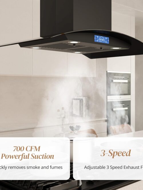 Black Island Range Hood 36 Inch, 700 CFM Ductless/Ducted Ceiling Mount Range Hood with 3 Speed Fan, Gesture, Remote & Touch Control, LED Light Vent Hood for Kitchen