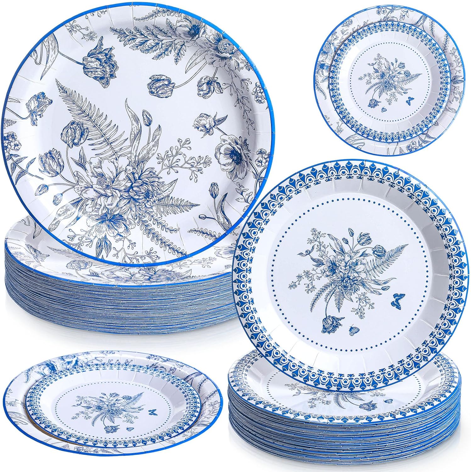 100 Pcs 7 Inch and 9 Inch Blue l Paper Plates Dessert Flower Disposable Plates Dinner Decorative Cute Paper Plates for Summer Fall Parties, Bridal and Baby Showers, Tea Parties