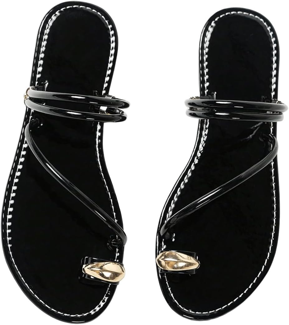 Women's Metallic Open Toe Ring Sandals Summer Strappy Flat Sandals
